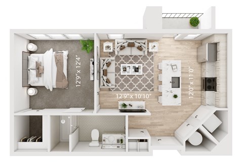 Floor plan for 1 bed, 1 bath, 697 sqft